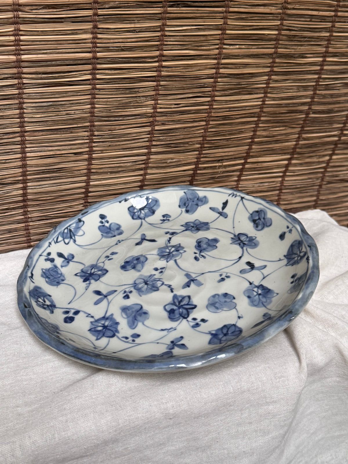Japanese Sometsuke Blue & White Plate, Hand-Painted Floral, Scalloped Rim.