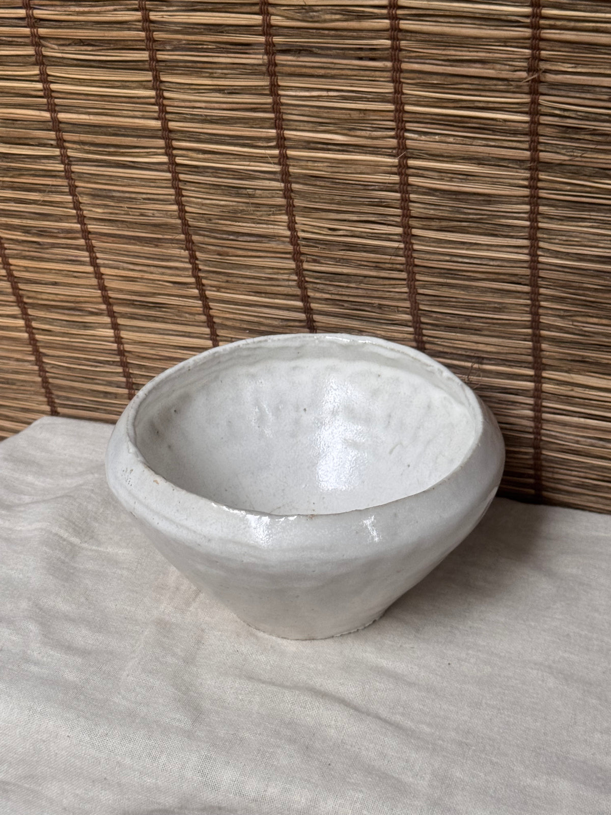 Organic White Glazed Stoneware Bowl — Hand-Formed Tapered Sides, Raw Clay Foot