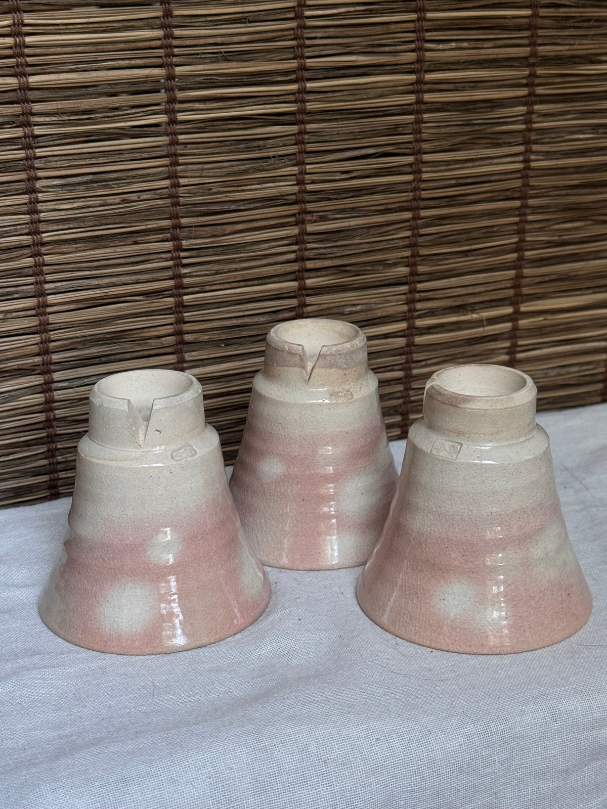 Hagi-yaki Guinomi Cups, Set of 3 — Blush Pink Glaze, Split Foot