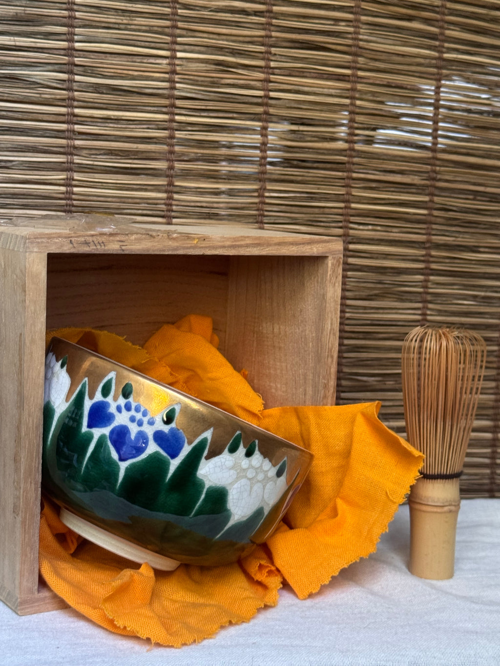 Kutani Ware Matcha Bowl (Chawan) — "Ayame" Iris Motif, Gold Ground, Signed, Wooden Box