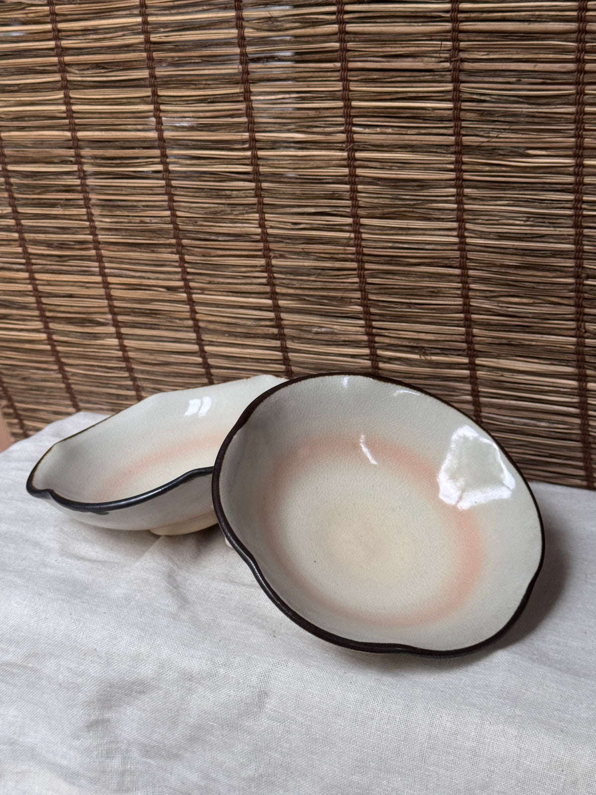 Kiyomizu Yaki Scalloped Bowls, Pair — Blush Pink Gradient Glaze, Iron-Rimmed Wave Edge