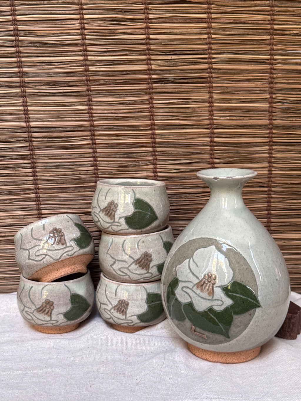 Mino Yaki Celadon Sake Set with Hand-Painted Camellia, Bottle & 6 Cups