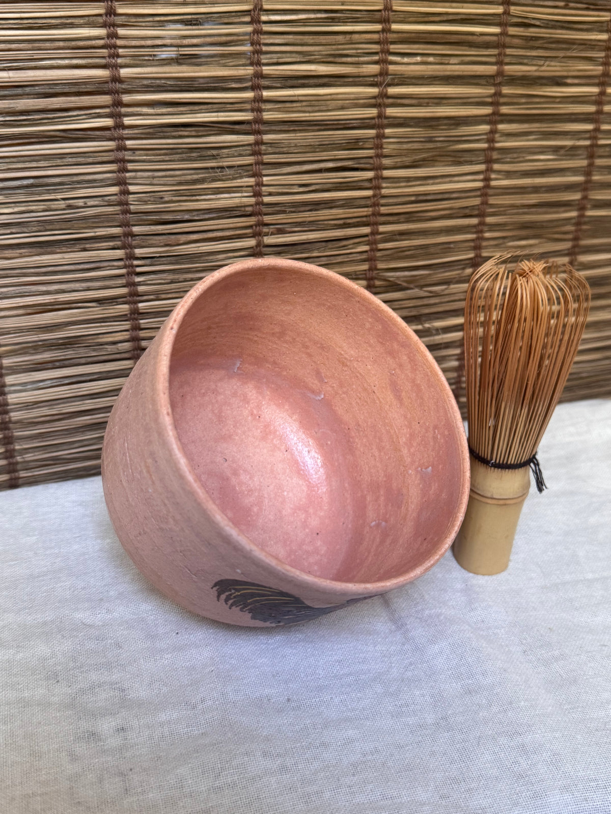 Hagi Ware Zodiac Tea Bowl (Eto Chawan), Year of the Rooster — Hand-Painted Rooster with Gold Accents, Wooden Box