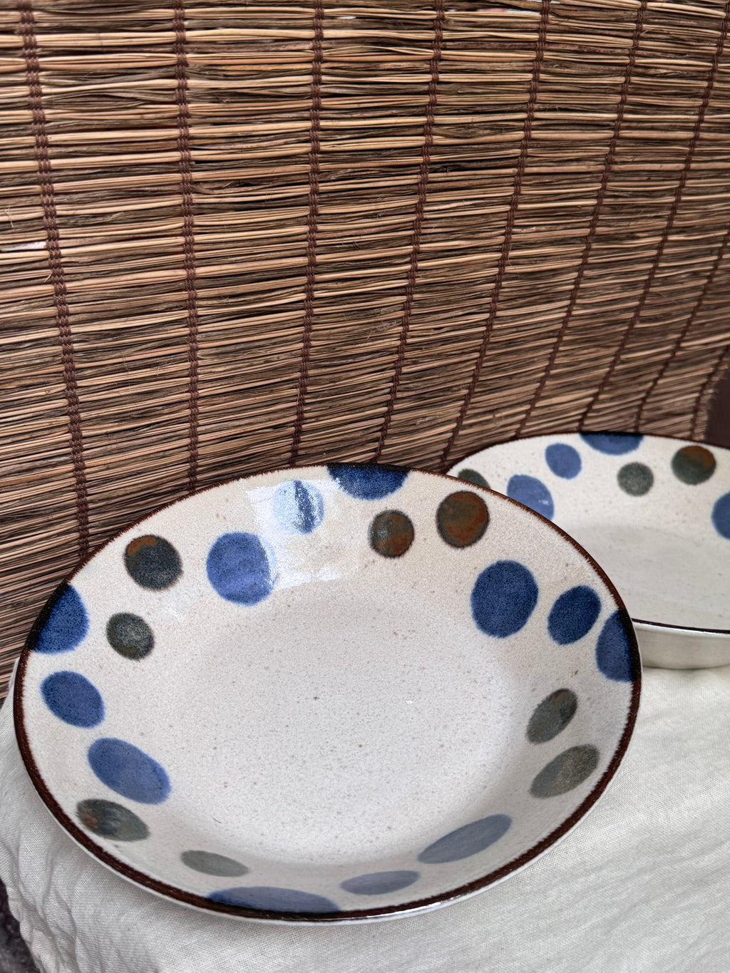 Ceram Polka Dot Bowls - Hand-Painted Blue & Olive Dots, Set of 2