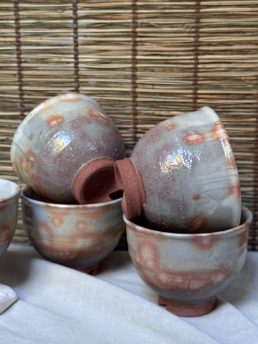 Hagi Ware Kumidashi Teacups, Set of 5 — Gohon Spots, Cut Foot, Signed Wooden Box