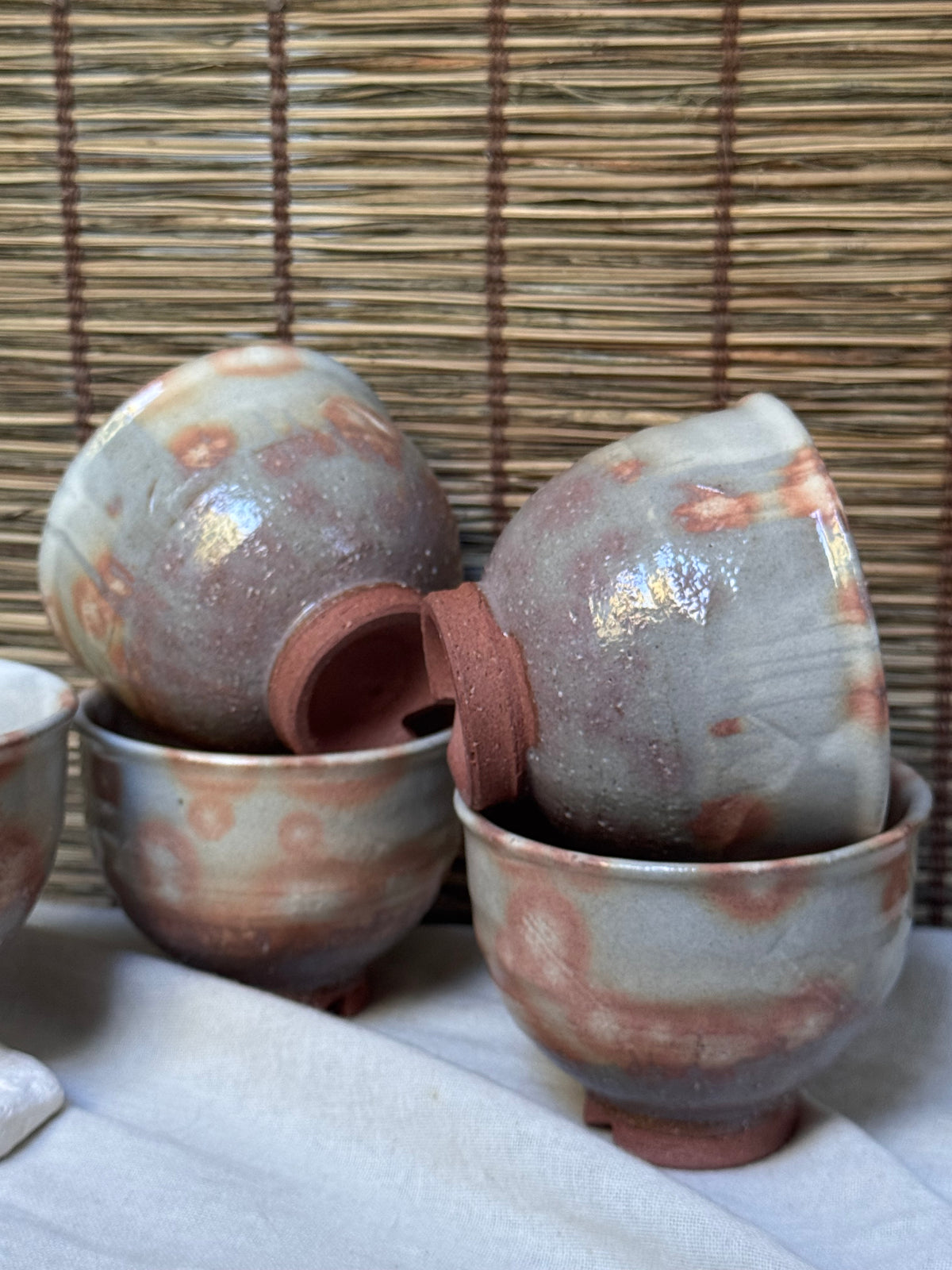 Hagi Ware Kumidashi Teacups, Set of 5 — Gohon Spots, Cut Foot, Signed Wooden Box