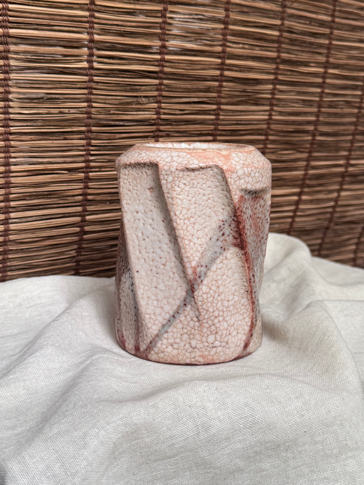Shino-Yaki Faceted Yunomi Cup, Blush Pink Ash Glaze