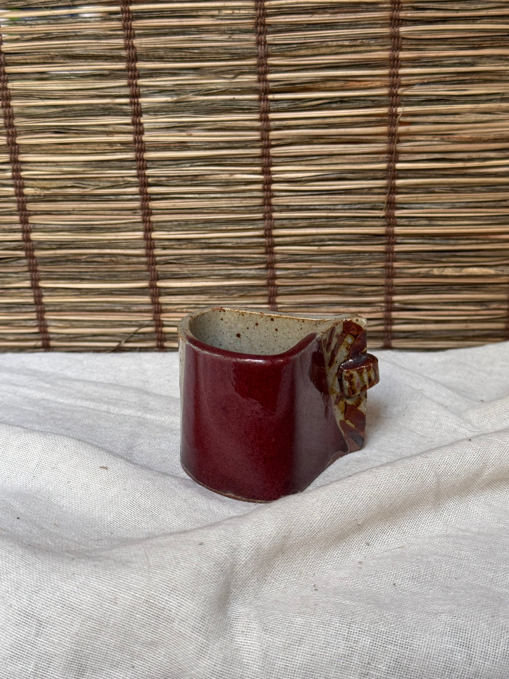Japanese Futaoki (Lid & Ladle Rest) — Slab-Built, Iron-Painted Grasses, Copper-Red Glaze