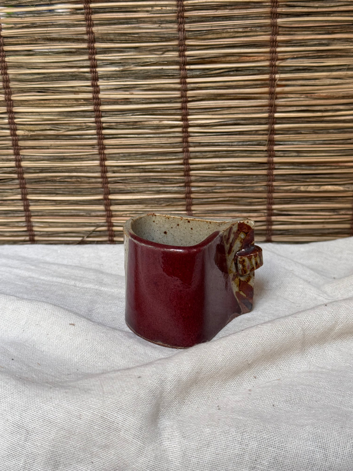 Japanese Futaoki (Lid & Ladle Rest) — Slab-Built, Iron-Painted Grasses, Copper-Red Glaze