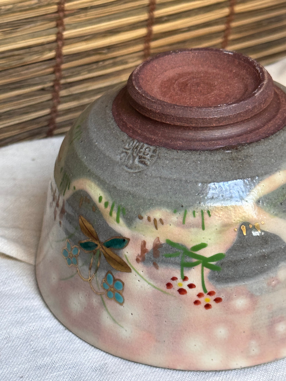 Kyoto Ware Matcha Chawan by Shōkoku (松谷) — Spring Fields in Raised Enamel and Gold, Signed Wooden Box
