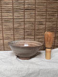Mishima Matcha Chawan — Inlaid White Slip, Stamped Chrysanthemums, Brushed Slip Exterior