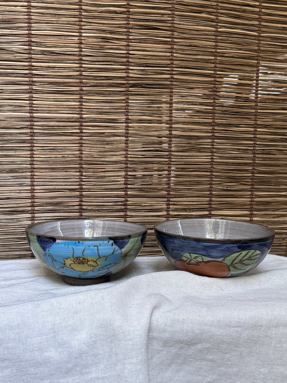 Mino-yaki Rice Bowls, Set of 2 — Hand-Painted Peony & Persimmon Motifs, Swirled Grey Glaze