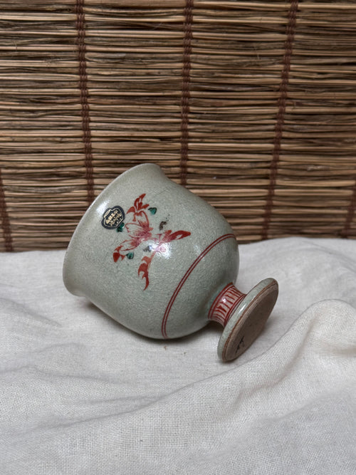 Footed Celadon Cup — Iron-Red Floral Spray, Crackle Glaze