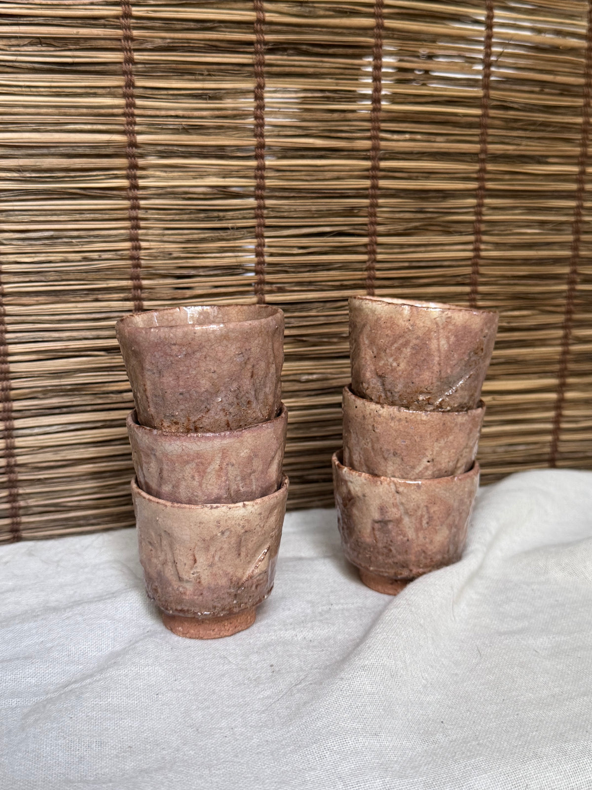 Hagi-yaki Sake Cups, Set of 6 — Blush Pink Ash Glaze, Hand-Built, Unglazed Rim & Foot