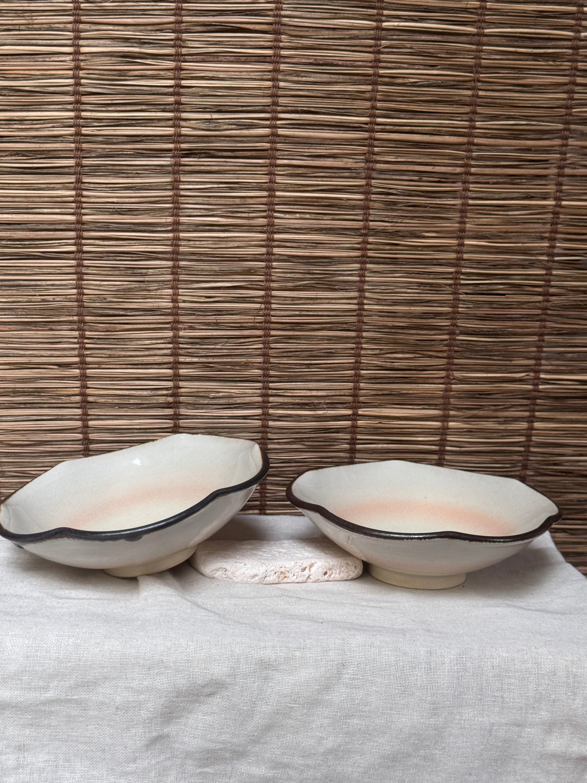Kiyomizu Yaki Scalloped Bowls, Pair — Blush Pink Gradient Glaze, Iron-Rimmed Wave Edge