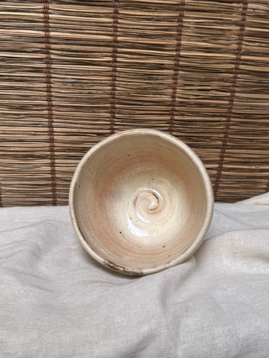 Ido-Style Chawan Cup — Cream Glaze, Spiraled Interior, Kairagi Foot Ring