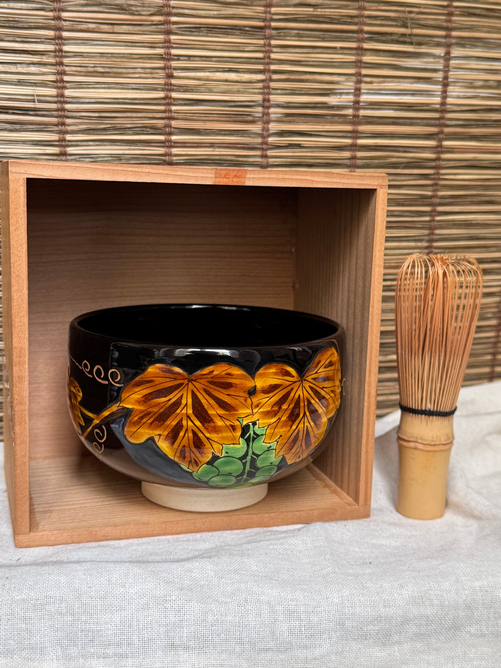 Kuro-Ninsei Chawan — Grapevine Motif, Kyoto Ware, Wooden Box