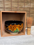 Kuro-Ninsei Chawan — Grapevine Motif, Kyoto Ware, Wooden Box