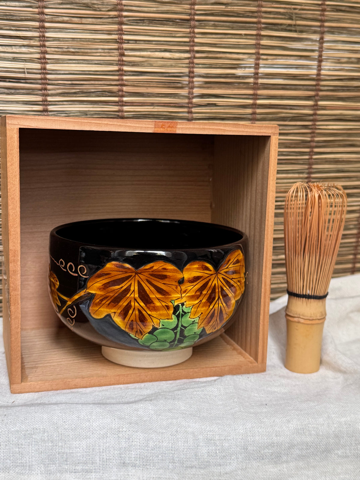 Kuro-Ninsei Chawan — Grapevine Motif, Kyoto Ware, Wooden Box