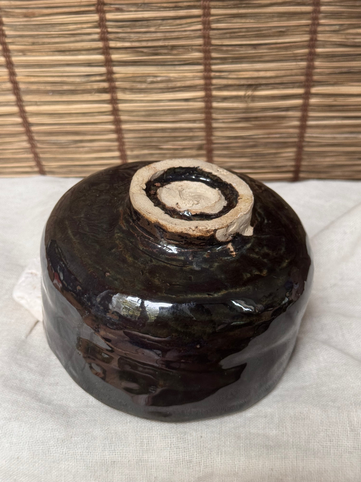 Black Glazed Matcha Chawan — Hand-Shaped Half-Cylinder Form, Glossy Iron Glaze