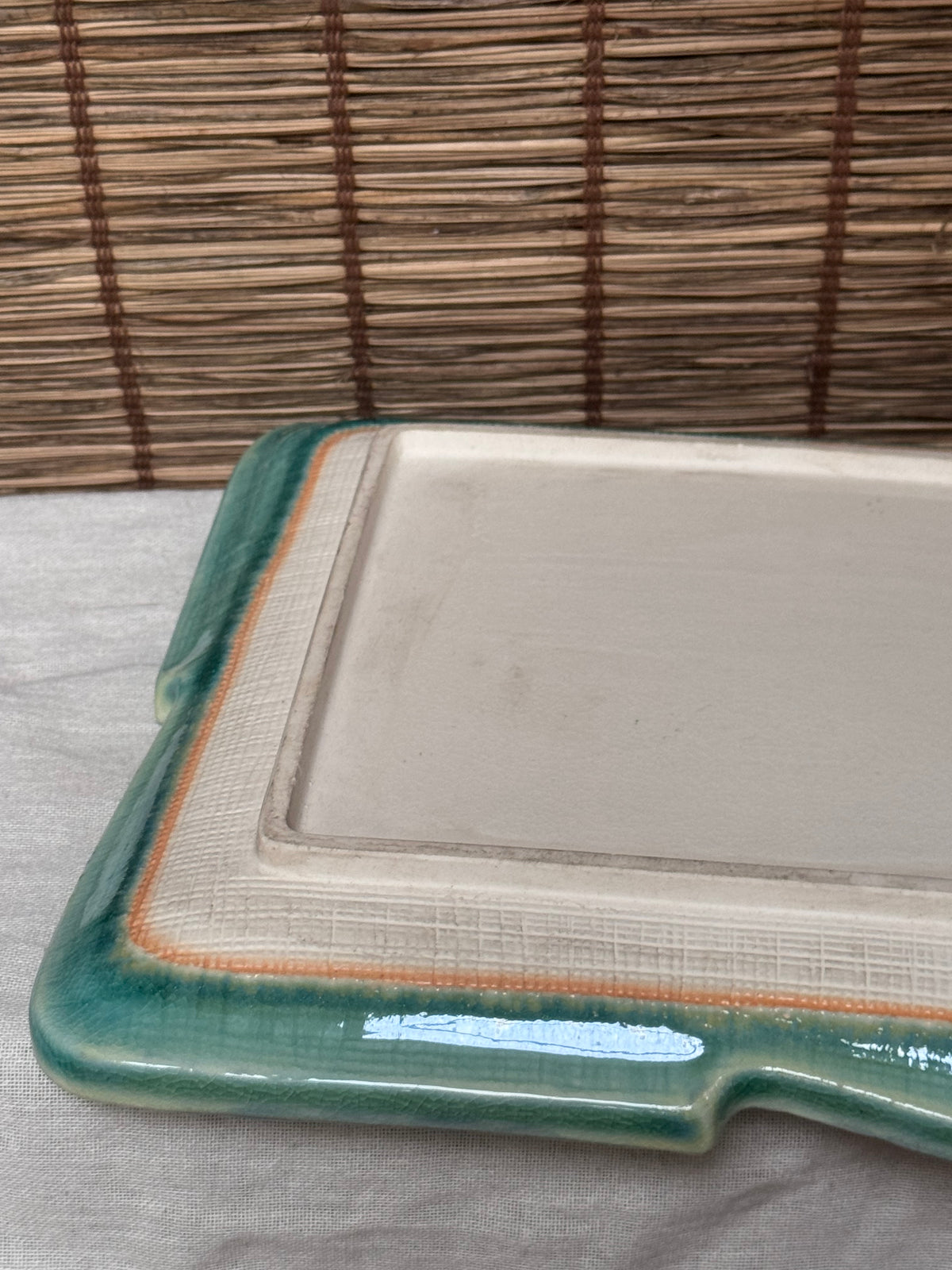 Turquoise Crackle-Glaze Serving Tray — Carved Bamboo & Crab Motif, Rope-Twist Rim