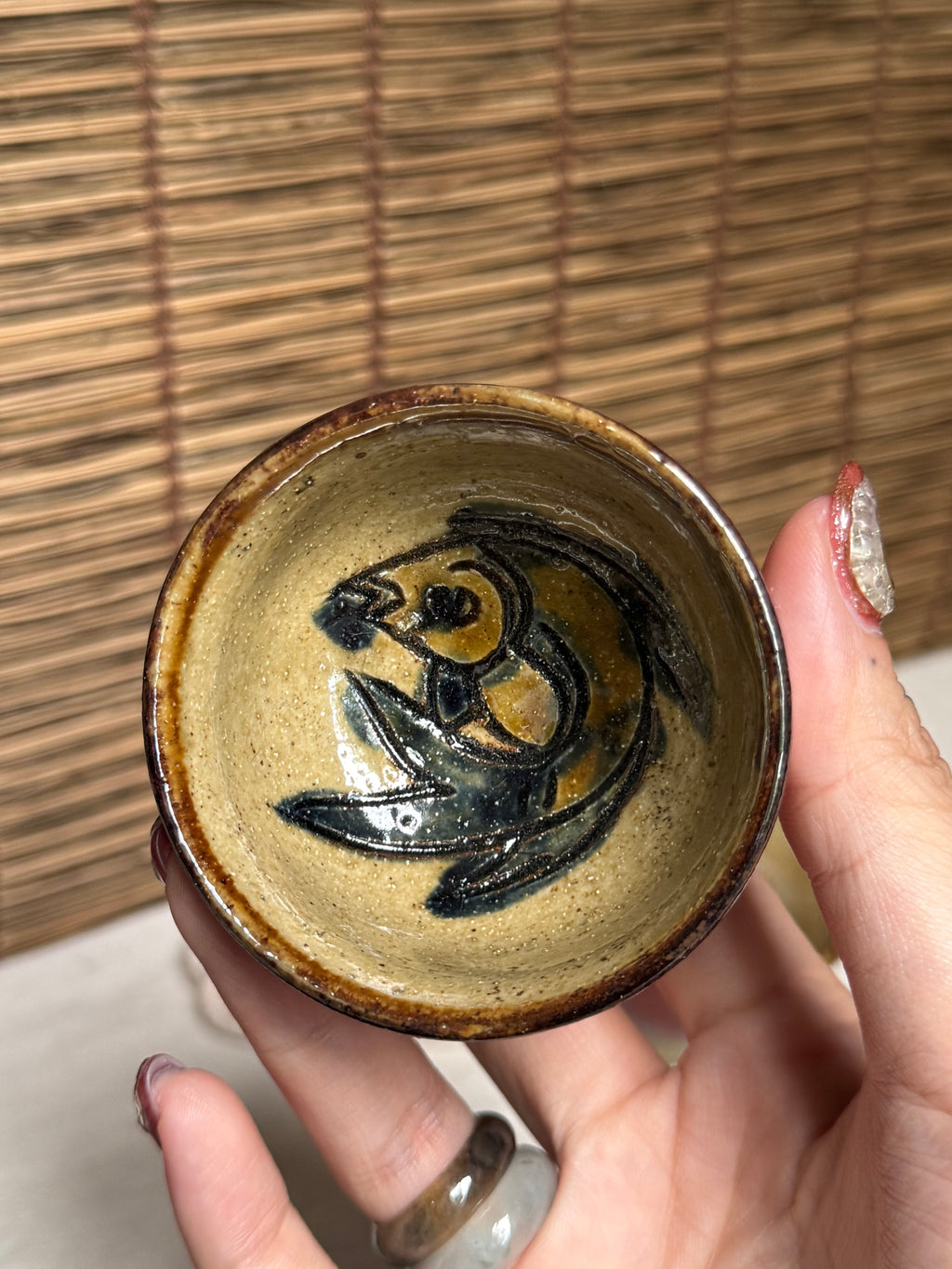Tsuboya Ware by Arakaki Isao Tea Cup Pair — Iron-Painted Fish Motif