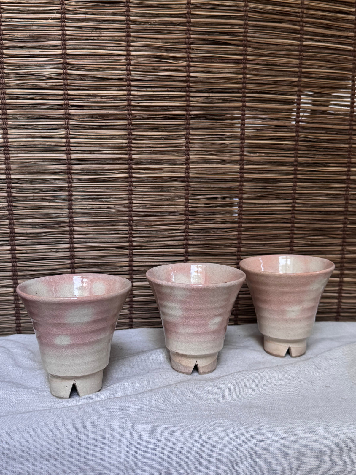 Hagi-yaki Guinomi Cups, Set of 3 — Blush Pink Glaze, Split Foot