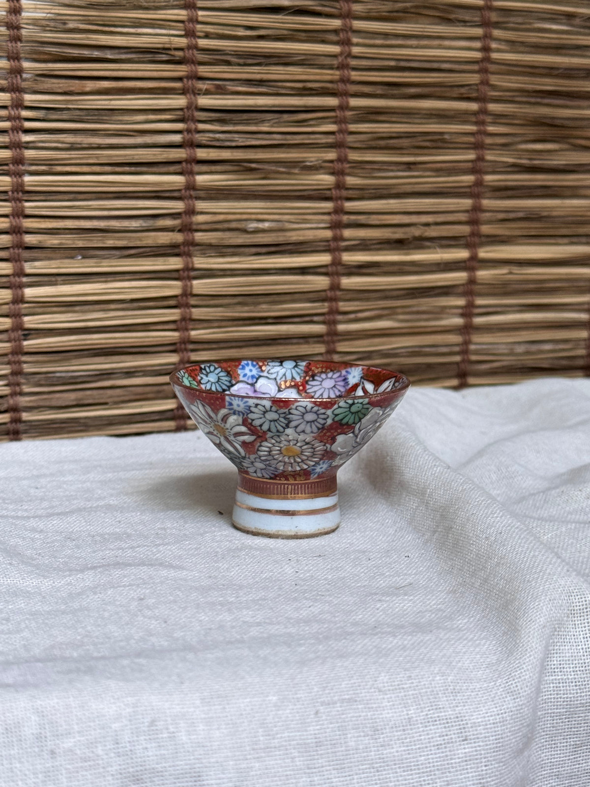 Antique Japanese Kutani Ware Footed Sake Cup — Kiku (Chrysanthemum) Thousand-Flower Design, Signed Base