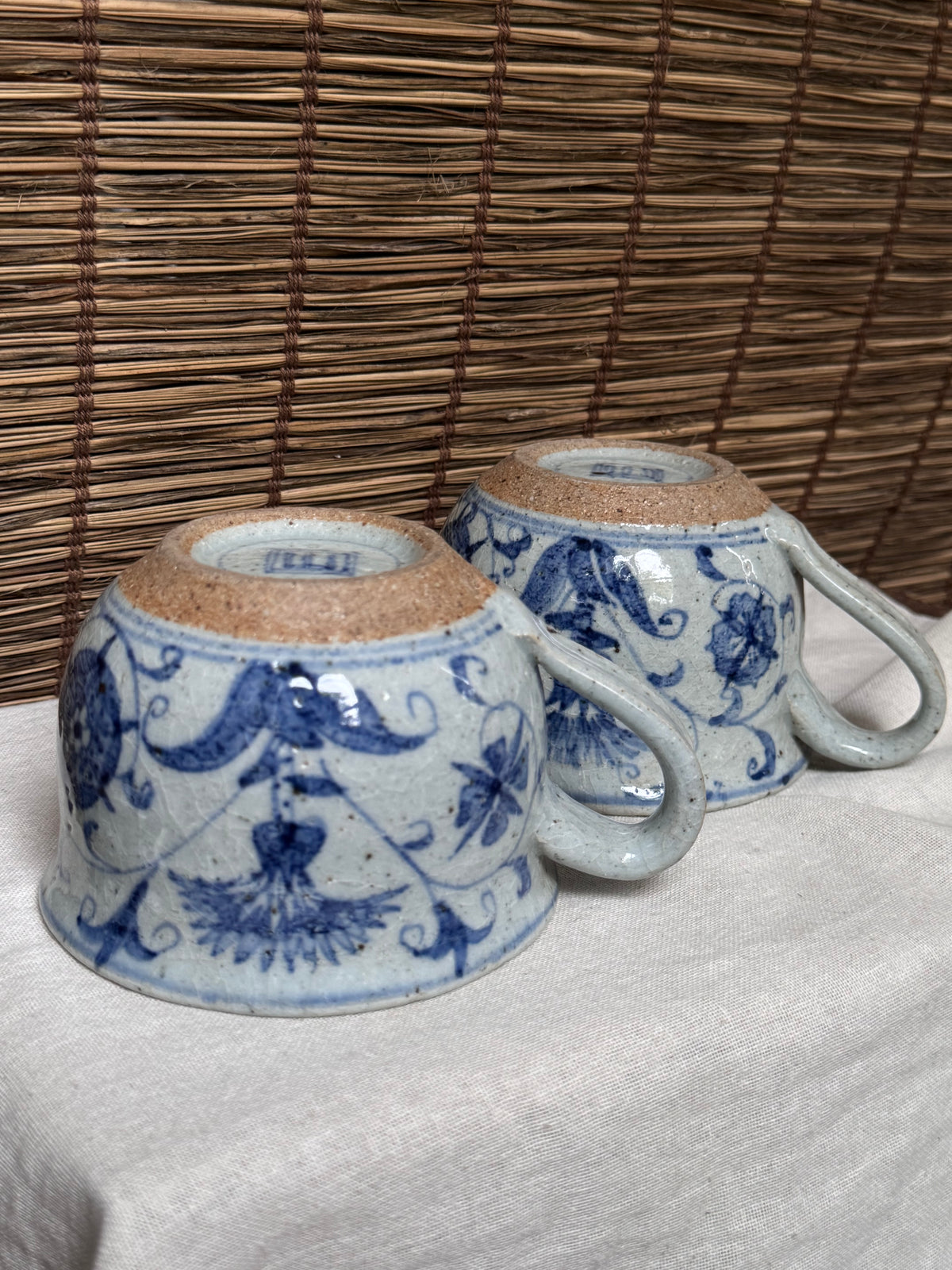 Japanese Blue and White Sometsuke Teacup Mugs, Hand-Painted Floral Design, Set of Two