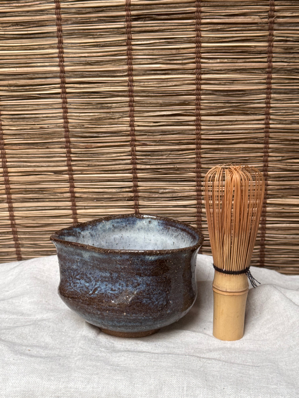 Matcha Chawan (Small)— Blue-White Opalescent Glaze, Iron Clay, Pinched Triangular Rim
