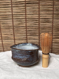Matcha Chawan (Small)— Blue-White Opalescent Glaze, Iron Clay, Pinched Triangular Rim