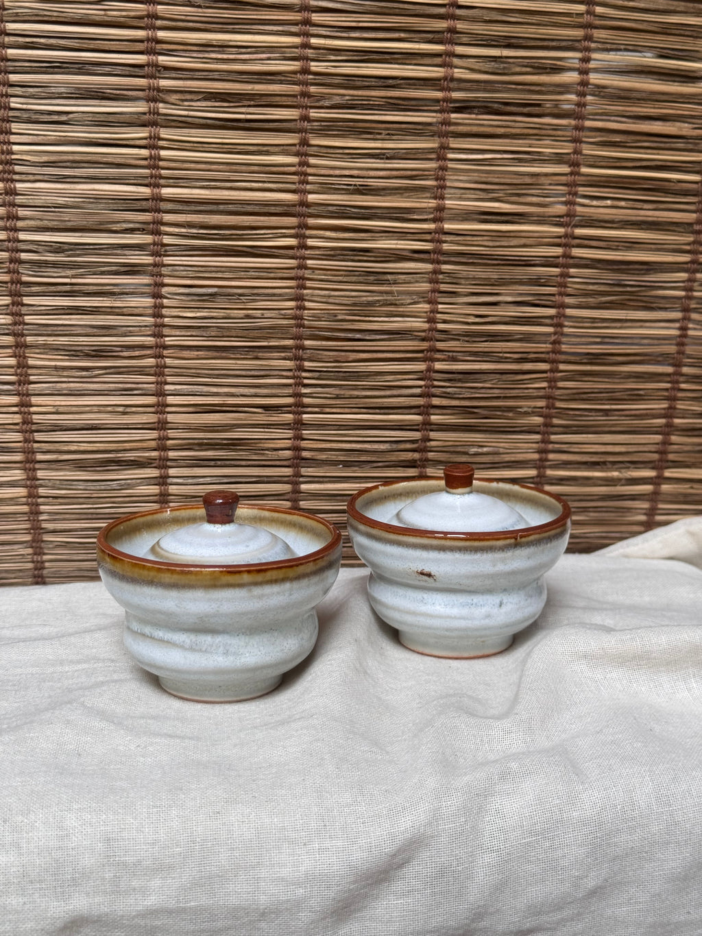 Ame-Glaze Lidded Cups, Pair — Rim Drip, Knob-Lid, Tiered Foot