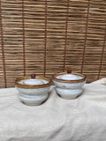 Ame-Glaze Lidded Cups, Pair — Rim Drip, Knob-Lid, Tiered Foot