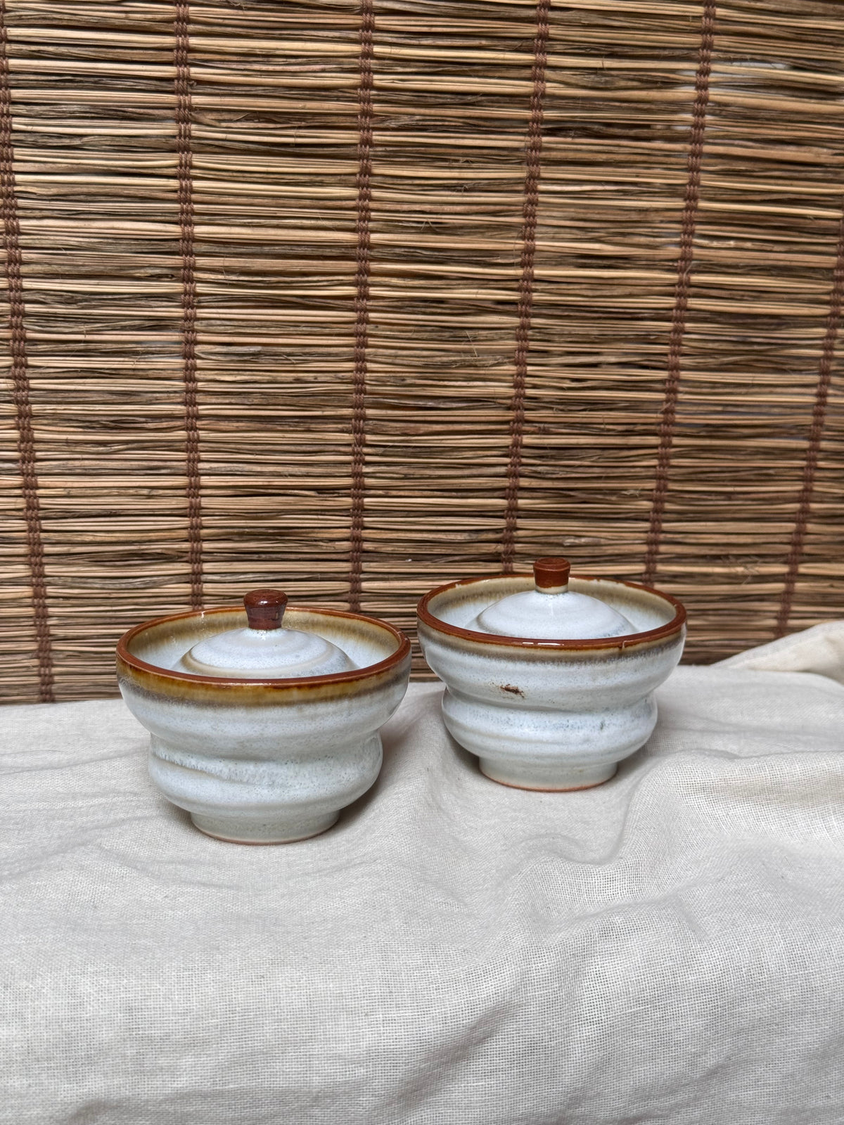 Ame-Glaze Lidded Cups, Pair — Rim Drip, Knob-Lid, Tiered Foot