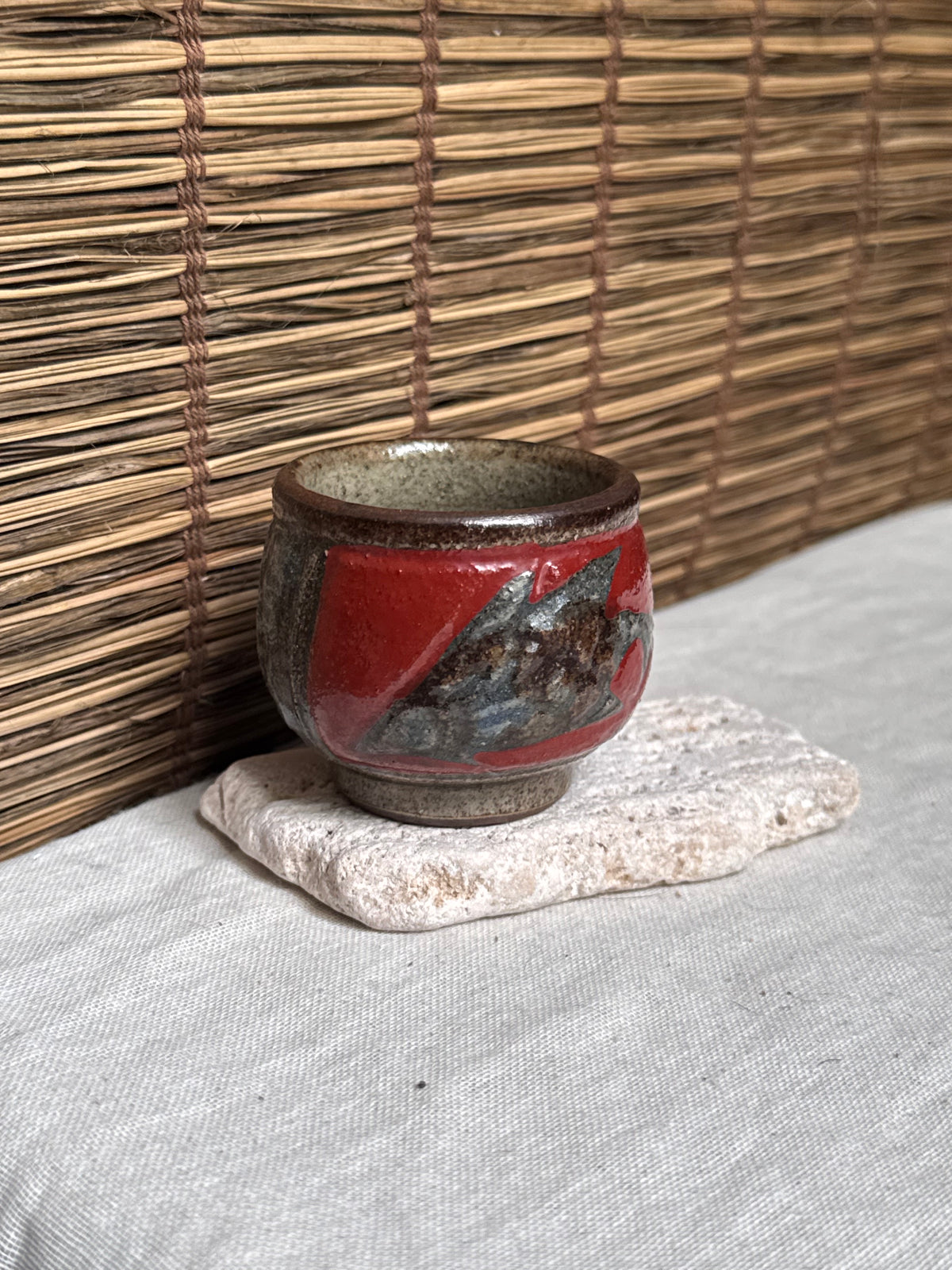 Tsuboya Ware by Kiyomasa Kobashigawa Sake/Tea Cup — Abstract Iron and Copper-Red Glaze, Ryukyu Art