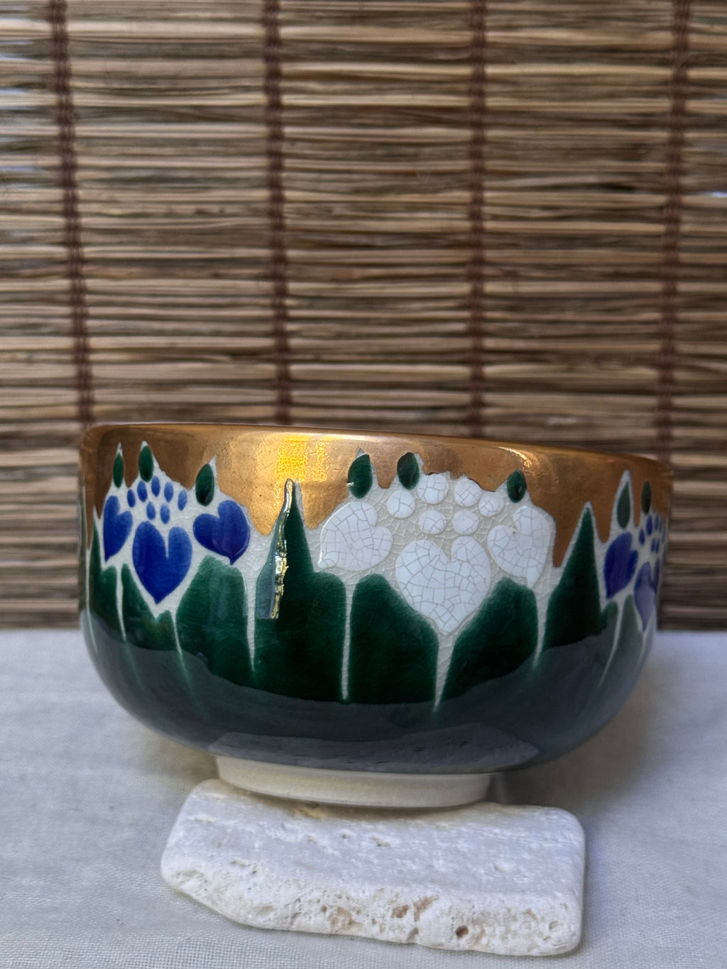 Kutani Ware Matcha Bowl (Chawan) — "Ayame" Iris Motif, Gold Ground, Signed, Wooden Box