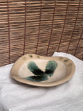 Unzen Artist-Made Serving Plate/Bowl — Large Irregular Studio Pottery, Painted Leaf Motif