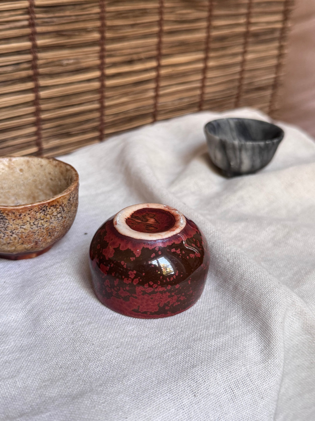 Four Mismatched Guinomi Sake Cups — Cobalt Blue, Crackled Ivory, Marbled Grey, Oxblood Speckle
