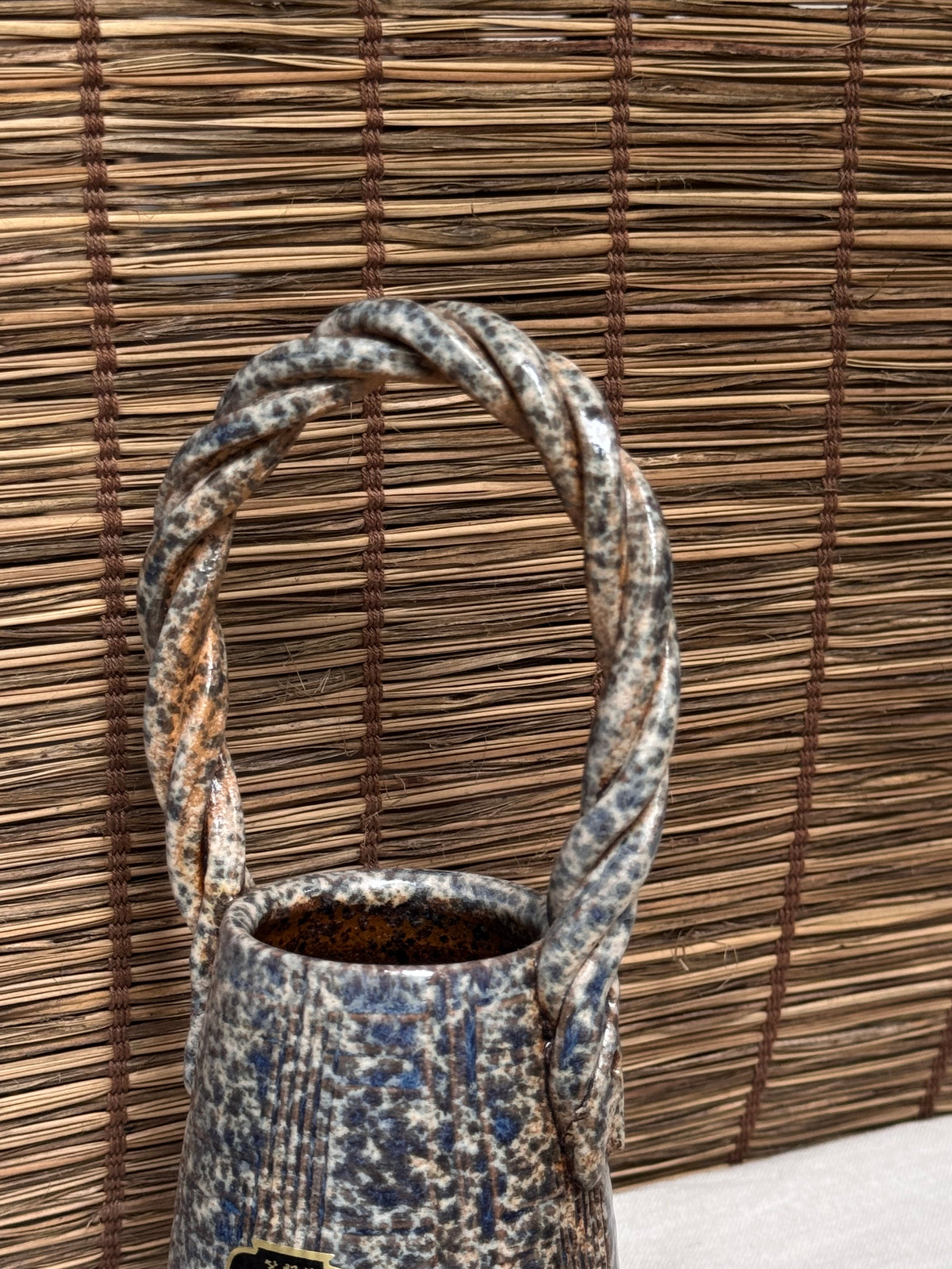 Kasama-yaki Vase, Basket-Style Twisted Handle, Blue Speckled Glaze