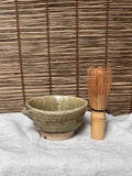 Mini Katakuchi Matcha Bowl — Olive Ash-Type Glaze, Crackle, Spiral Well