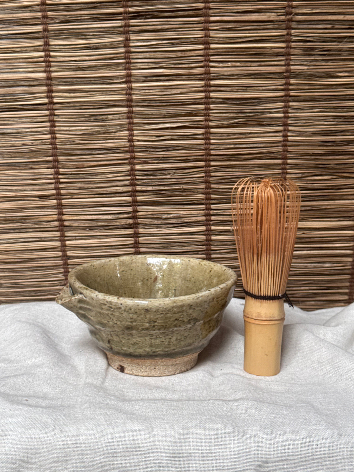 Mini Katakuchi Matcha Bowl — Olive Ash-Type Glaze, Crackle, Spiral Well