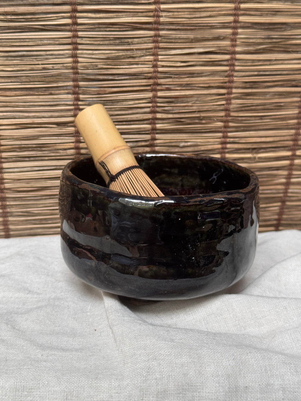 Black Glazed Matcha Chawan — Hand-Shaped Half-Cylinder Form, Glossy Iron Glaze