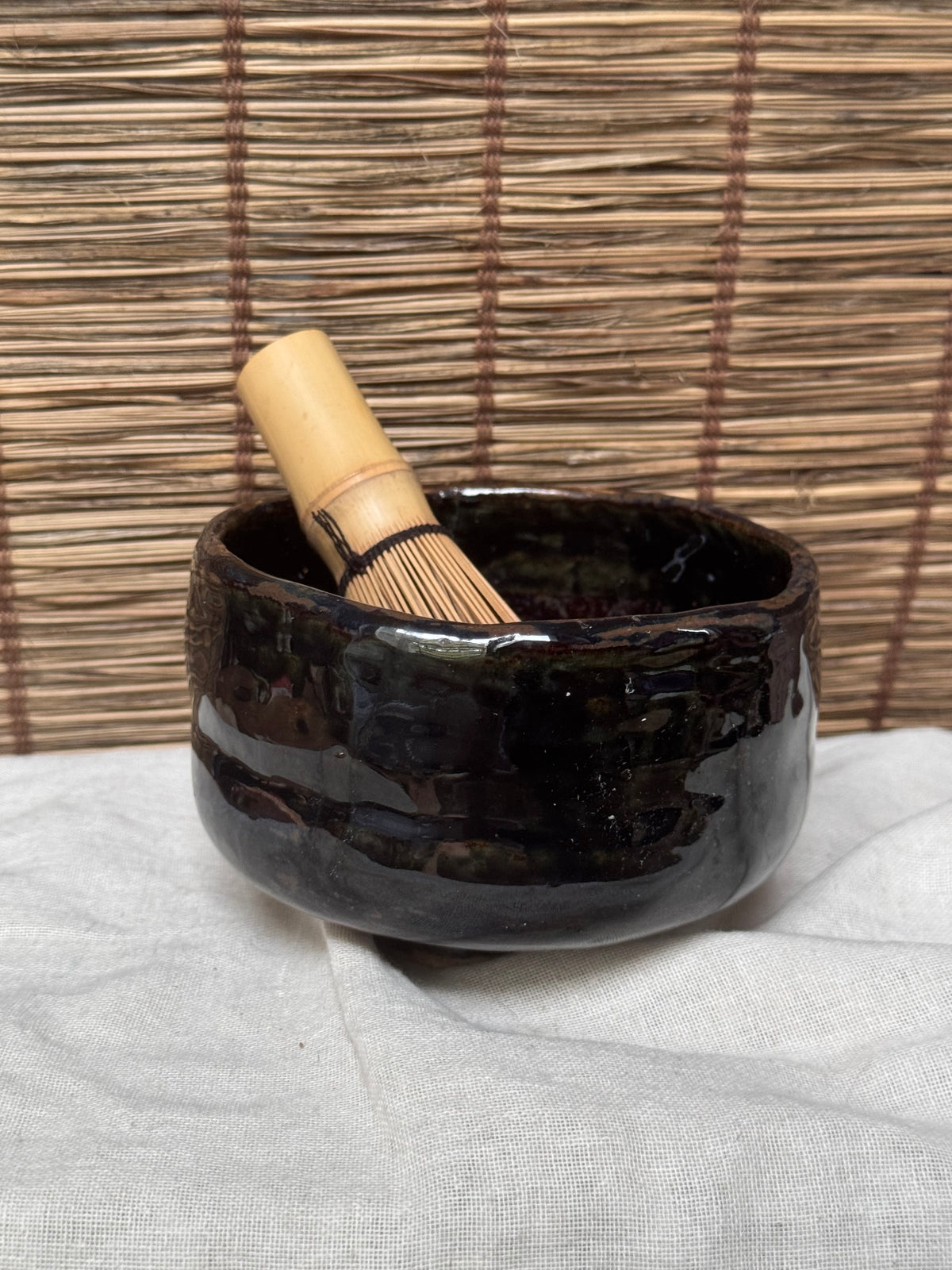 Black Glazed Matcha Chawan — Hand-Shaped Half-Cylinder Form, Glossy Iron Glaze