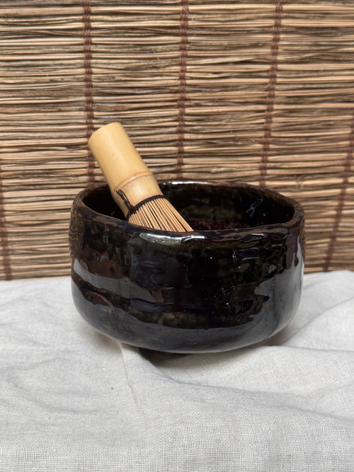 Black Glazed Matcha Chawan — Hand-Shaped Half-Cylinder Form, Glossy Iron Glaze