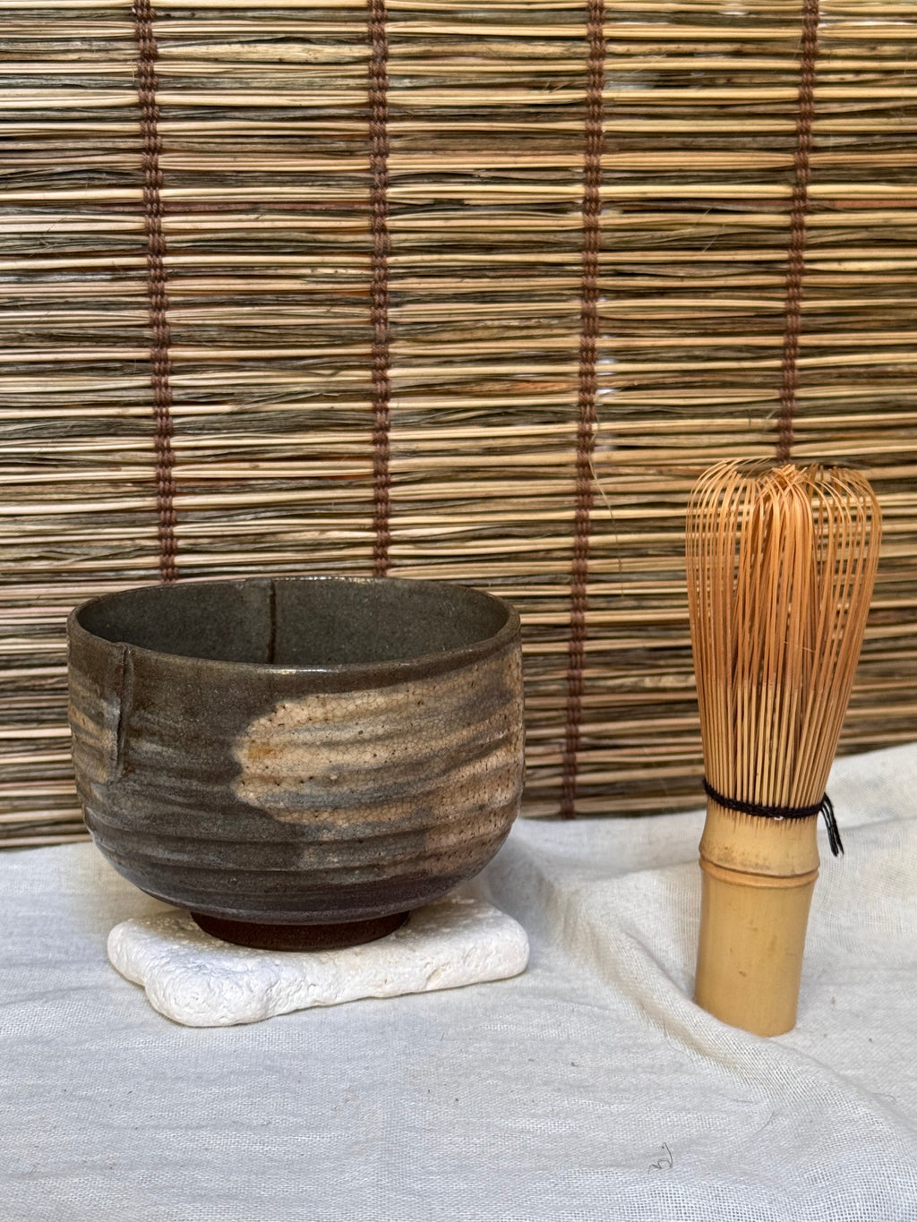 Mini Chawan — Iron Glaze with White Panels, Folded Rim