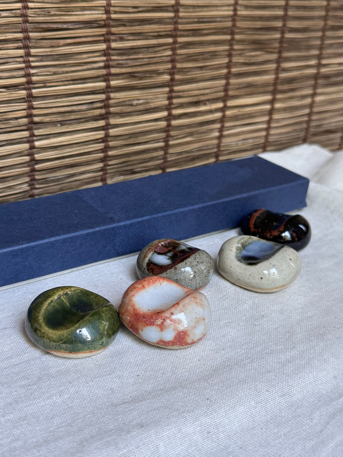Five Elements ("Godai") Ceramic Chopstick Rests, Boxed Set of 5 — Earth, Water, Fire, Wind, Void