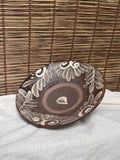 Yachimun Plate by Ken Sugawara - Hand-Painted Tenmoku Glaze, Cream Floral & Scroll Motif