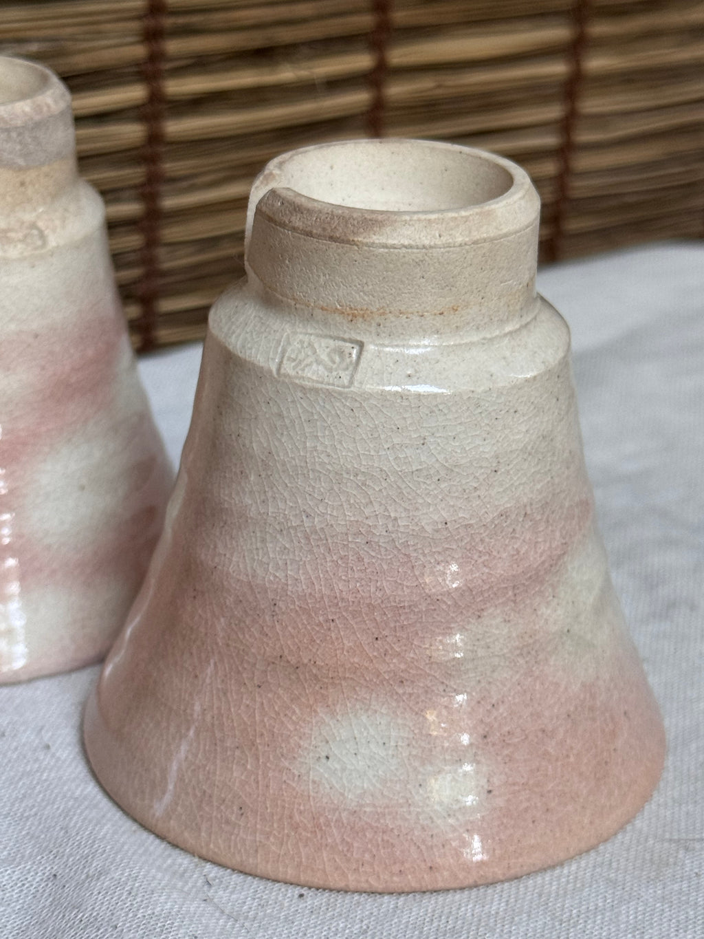 Hagi-yaki Guinomi Cups, Set of 3 — Blush Pink Glaze, Split Foot