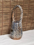 Kasama-yaki Vase, Basket-Style Twisted Handle, Blue Speckled Glaze