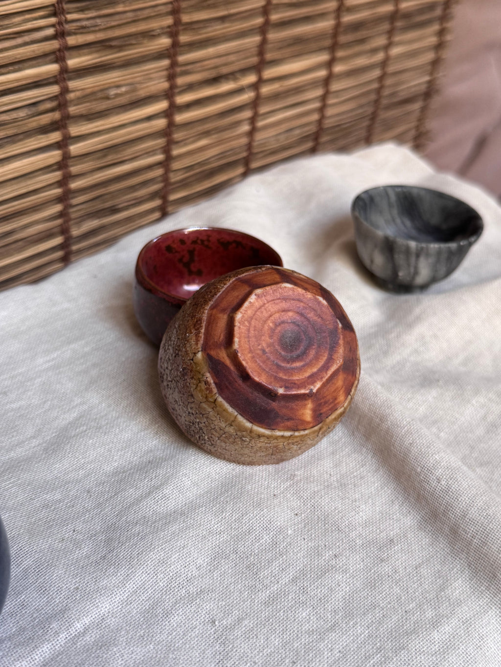 Four Mismatched Guinomi Sake Cups — Cobalt Blue, Crackled Ivory, Marbled Grey, Oxblood Speckle